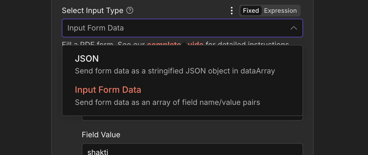 Zum Vergrößern bitte anklicken Im Dropdown-Menü „Eingabetyp“ des Knotens „PDF-Formular ausfüllen“ in n8n PDF4me werden zwei Optionen angezeigt: „JSON“ mit der Beschreibung „Formulardaten als JSON-String in dataArray senden“ und „Formulardaten eingeben“ mit der hervorgehobenen Beschreibung „Formulardaten als Array von Feldnamen-Wert-Paaren senden“.